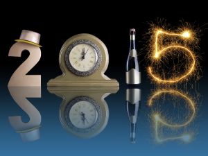 New Year 2015 set up of golden digit two, table clock, bottle of