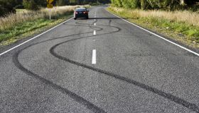 Skidmarks on country road