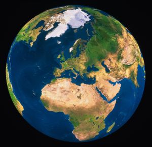 Earth, Europe and Africa prominent, satellite view
