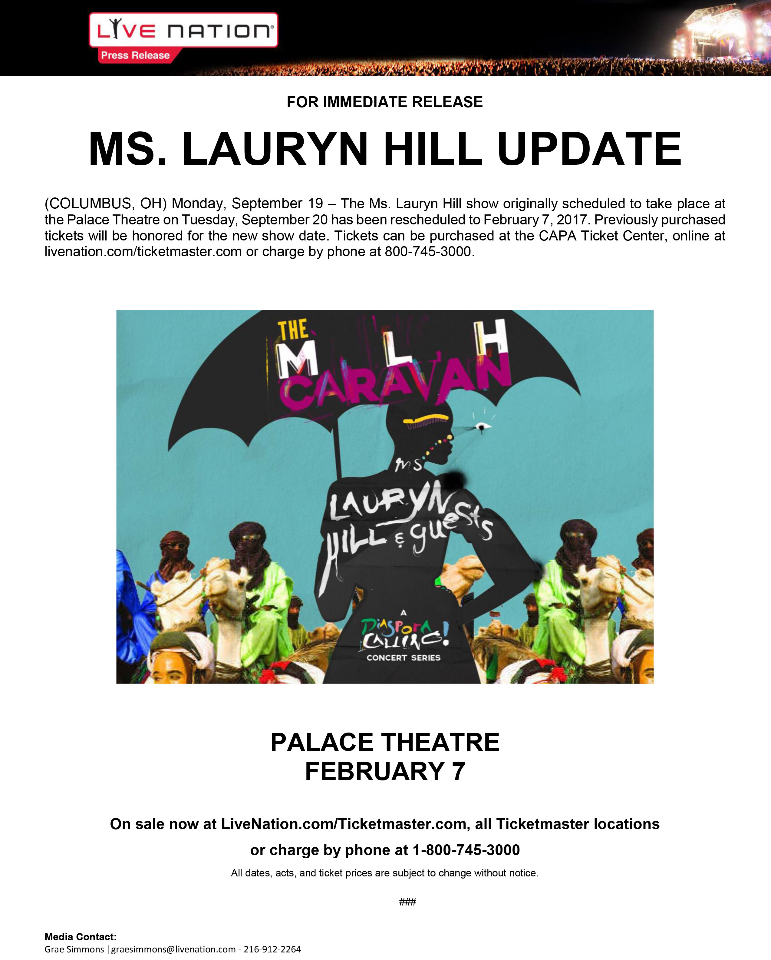Lauryn Hill Columbus Update