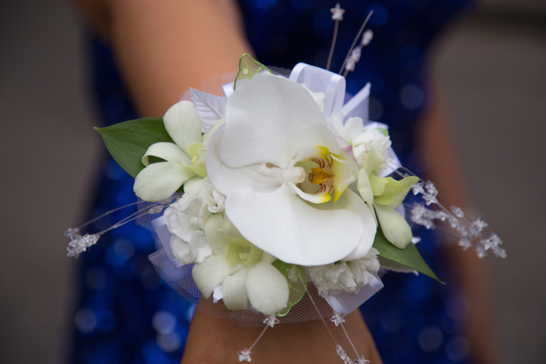 Close up of girl in sparkly blue dress wearing white flower corsage on wrist before prom