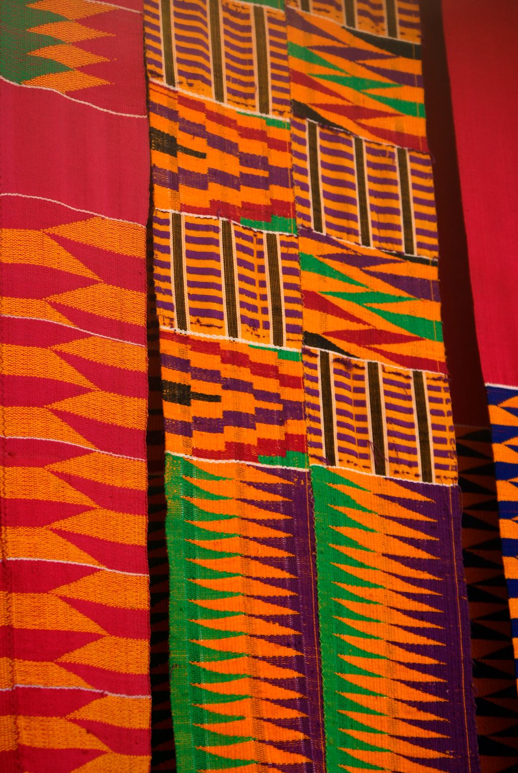Colorful kente cloth produced in the weaving craft village of Adanwomase