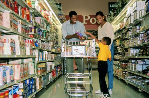 Family shopping in grocery store.