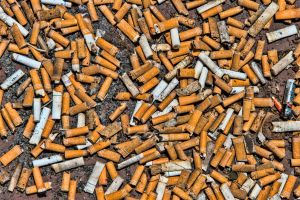 Thousands of cigarette butts on ground