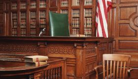 INTERNAL OF A COURTROOM WITH FLAG IN BOSTON, MASSACHUSETTS
