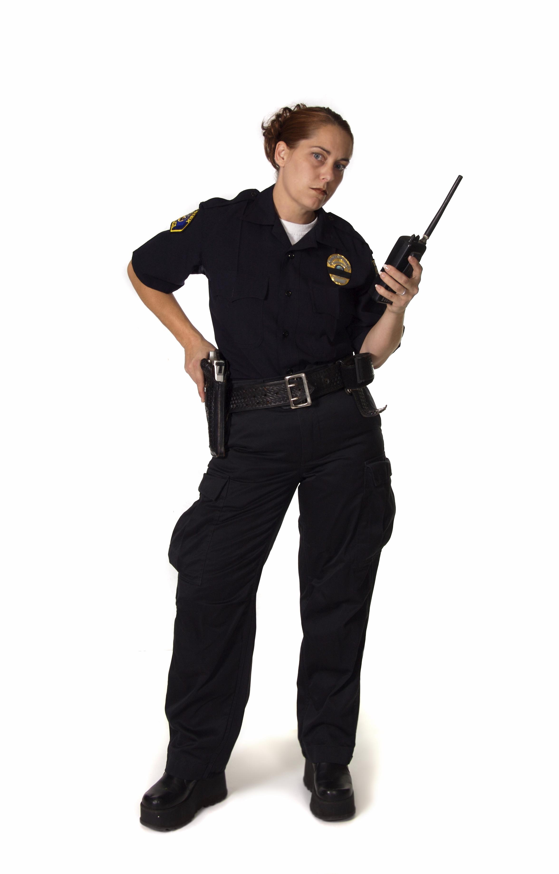 Female Officer Holding Radio With Hard on Gun