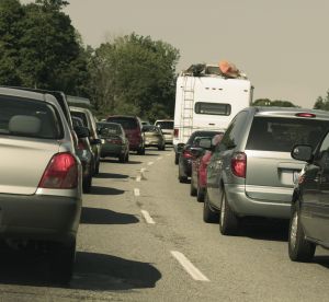 Cars stuck in rush hour traffic, rear view