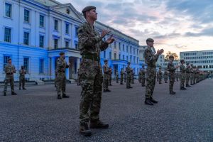 Home of famous Foot Guards shines bright blue for NHS heroes