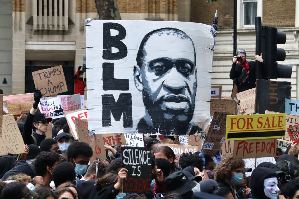 Demonstrators march from the American Embassy through London on Sunday 7 June 2020 for a protest organised by Black Lives Matter in reaction to the death of George Floyd in Minneapolis, US while in police custody. Photo by Cat Morley/B8213/Avalon/Retna