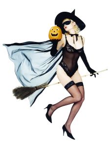 Woman Dressed as Halloween Pin-Up Witch On Her Broom