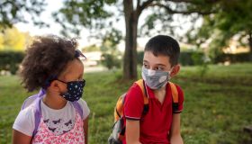 School kids in schoolyard wearing face protective mask
