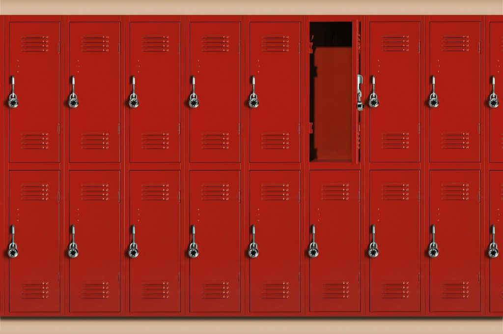 Red school lockers, one locker open (Digital Composite)