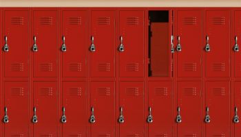 Red school lockers, one locker open (Digital Composite)
