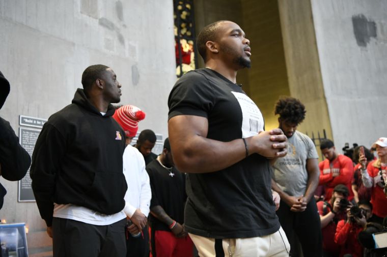 Ohio State Running back Master Teague III speaks at the vigil