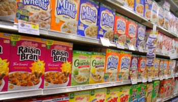 Shelves of brekfast cereals for sale inside the Publix grocery store at Marco Island.