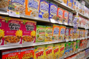Shelves of brekfast cereals for sale inside the Publix grocery store at Marco Island.