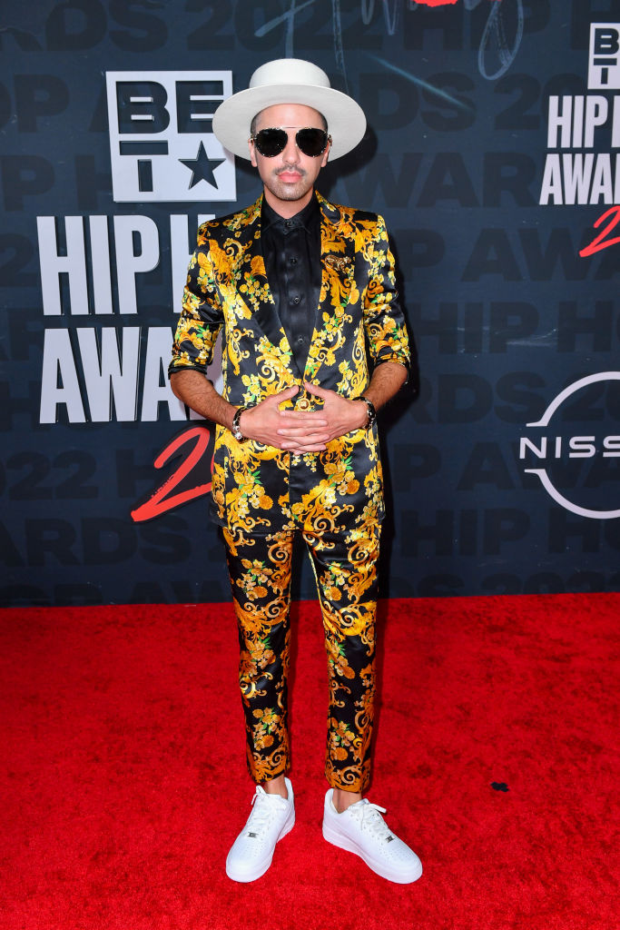 DJ Cassidy wearing an allover print suit