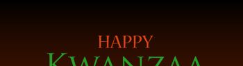Seven lighted candles with flames with text Happy Kwanzaa on a dark background.