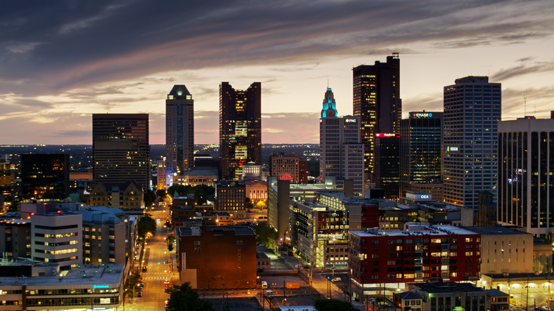 Aerial View of Downtown Columbus Illuminated at Twilight