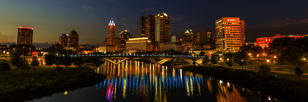 A view of Downtown Columbus Ohio and Scioto Mile Park at Night, Columbus, OH - USA