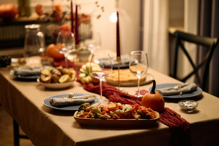 Thanksgiving Dinner Table Setting Featuring Festive Food for Social Gathering
