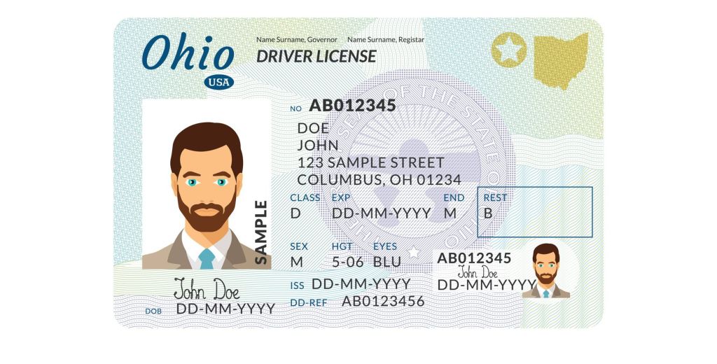 Vector template of sample driver license plastic card for USA Ohio