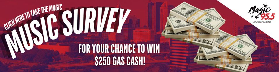 Music survey for chance to win $250 gas cash. Image shows stacks of US dollar bills and a cityscape in the background.