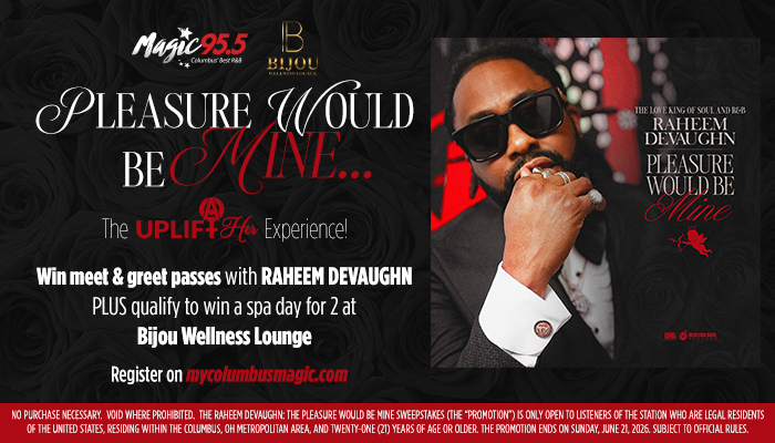 A man in sunglasses holding a microphone, with the text "Pleasure would be mine... The UPLIFT of the Experience! Win meet & greet passes with RAHEEM DEVAUGHN" and "Bijou Wellness Lounge" on the image.