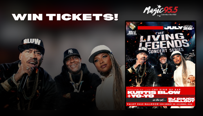 Three men wearing baseball caps and jackets posing together, with text "WIN TICKETS!" and "The Living Legends Concert Series" on a red background.