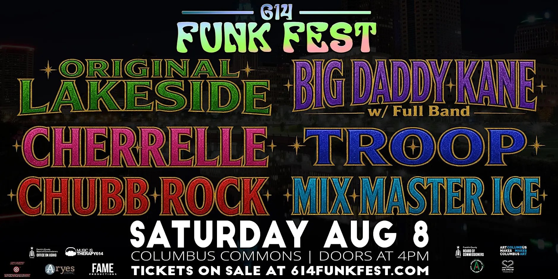 Poster advertising "614 Funk Fest" with lineup including Big Daddy Kane, Cherrelle, Chubb Rock, and Troop.