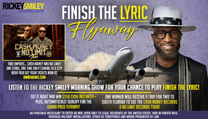 Rickey Smiley promoting "Finish the Lyric Flyaway" contest, with image of Smiley wearing a cowboy hat and sunglasses and an airplane in the background.